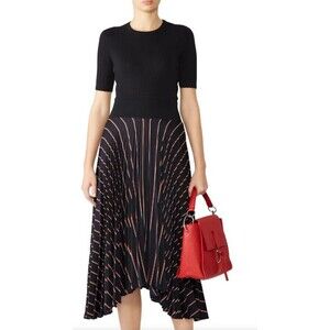 A.L.C. Henry Midi Skirt sz 0 Striped Satin Pleated Navy Elastic Waist RSP $495